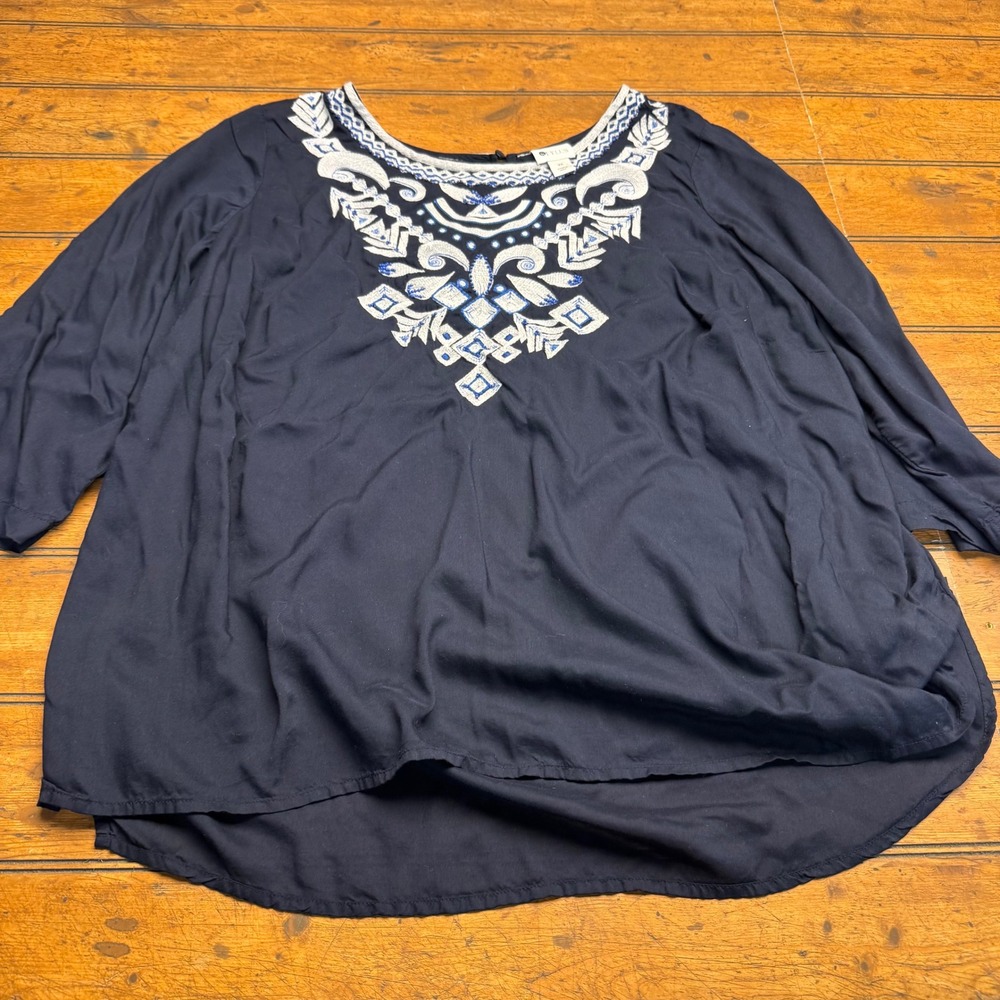 STYLUS Women's Navy Blue Embroidered Tunic Top Plus‎ Size 2X